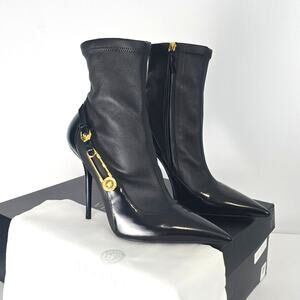 Versace Medusa Gold Pin Sock Ankle Boots Black Leather 40 with Box & Dust Bag